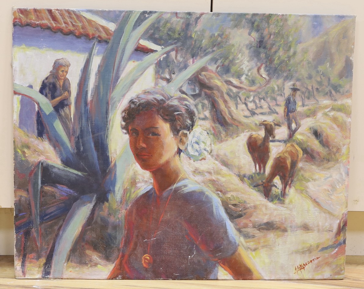 A.H. Macbeth, oil on canvas laid on board, Colonial scene with girl and goatherd beyond, signed, 61 x 76cm, unframed